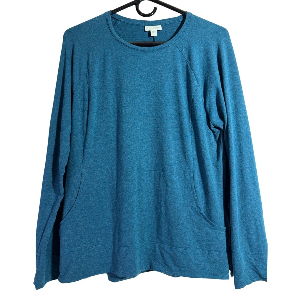 Pure Jill Sweatshirt Women L‎ Petite Teal Blue Pima Cotton Modal Raglan Pockets